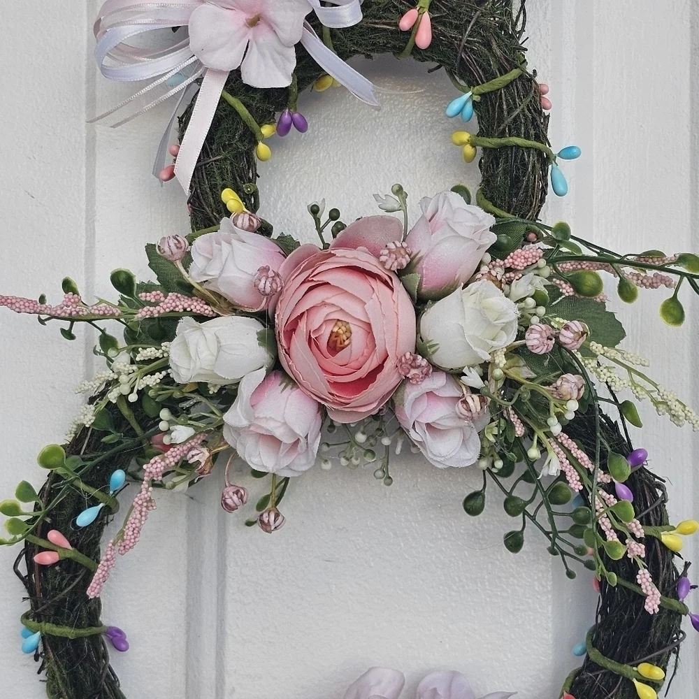 Handmade Floral bunny Spring/Easter Wreath with light pink and white florals